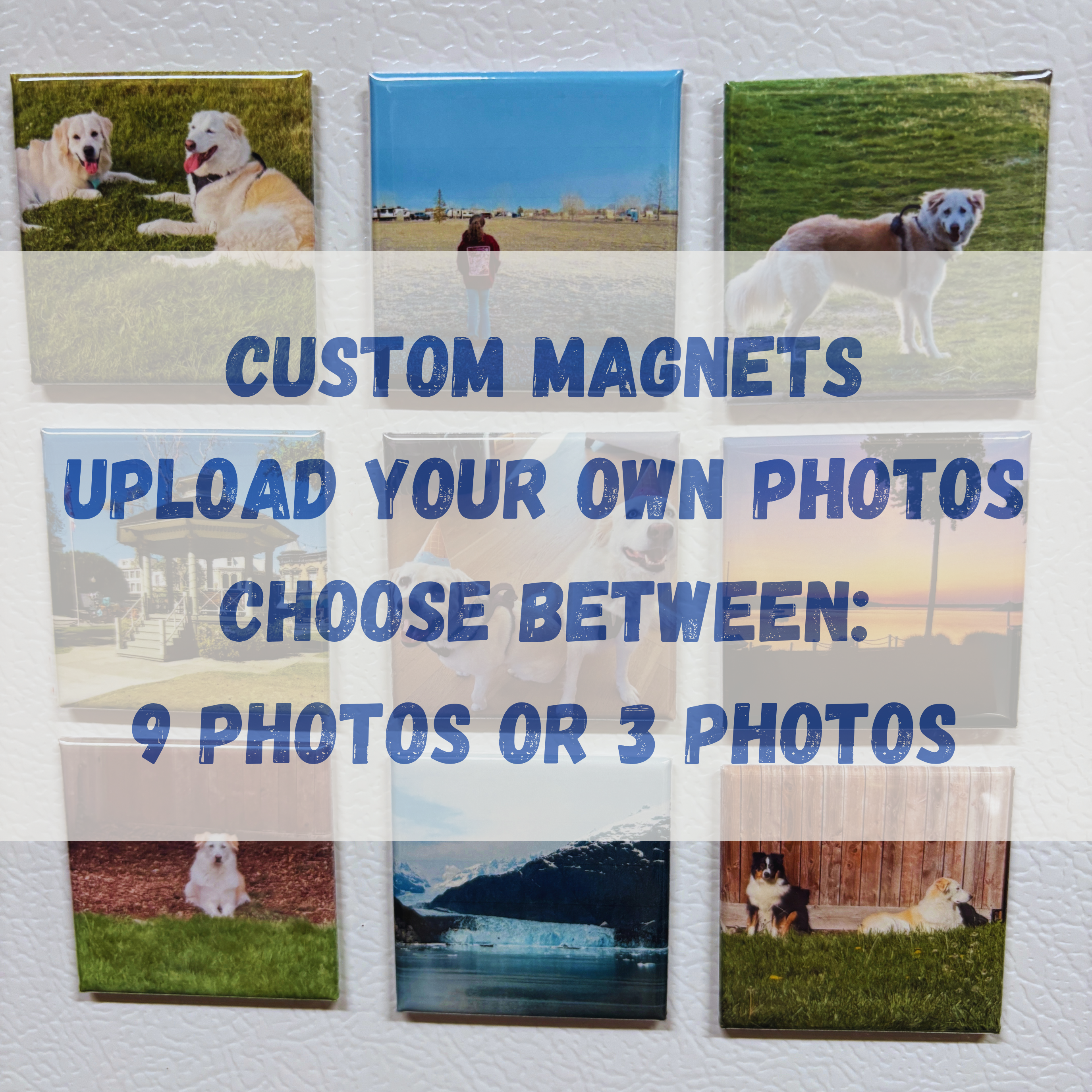 Collection of custom photo magnets on a white surface with text overlay.