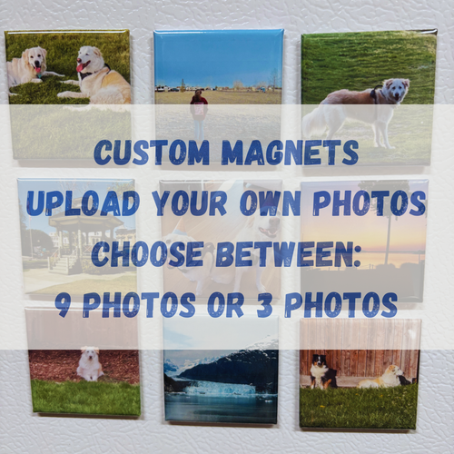 Collection of custom photo magnets on a white surface with text overlay.